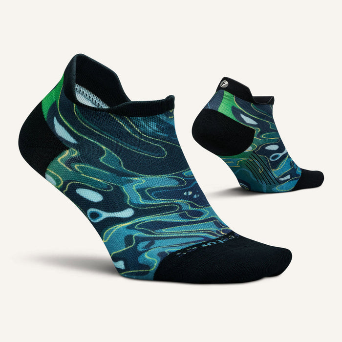 Feetures Limited Edition Elite Light Cushion No Show Tab Socks with navy, green, and blue swirl pattern and seamless toe, side angle showing design on both socks.