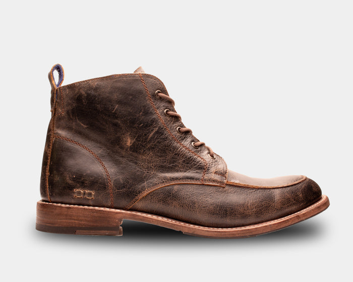Bed Stu Lincoln 2 boots in distressed brown leather with a lace-up design and stitched details, side view.
