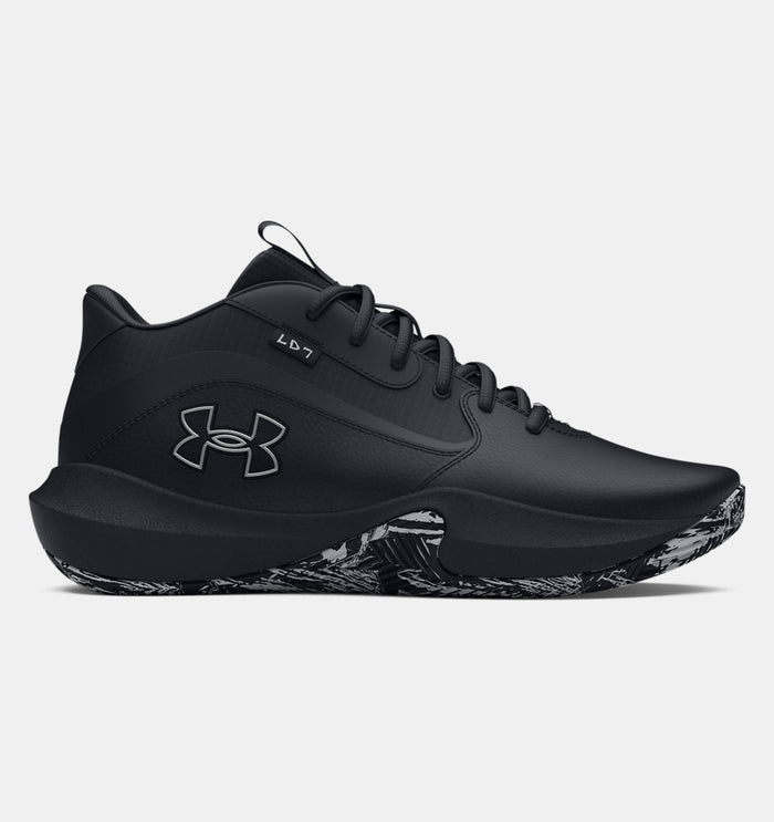 Under Armour Lockdown 7 basketball shoes in black with textured midsole design, side view.