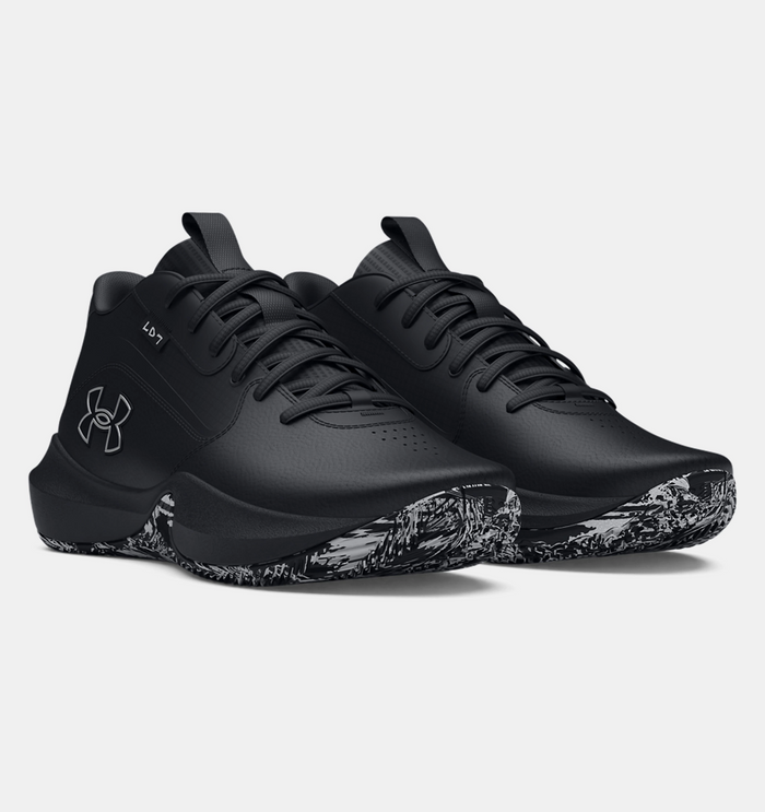 Under Armour Lockdown 7 basketball shoes, black with textured sole, front side view.