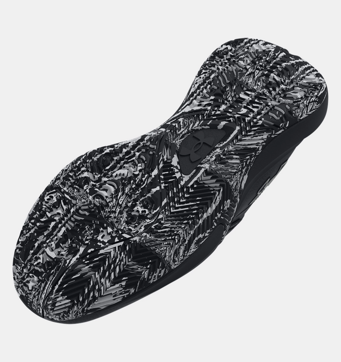 Under Armour Lockdown 7 basketball shoes black and gray outsole with textured traction pattern, bottom view.
