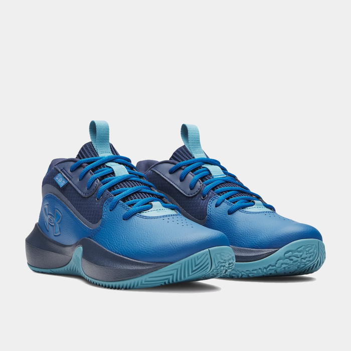 Under Armour Lockdown 7 basketball shoes in blue with textured sole and mesh details, front angle view.
