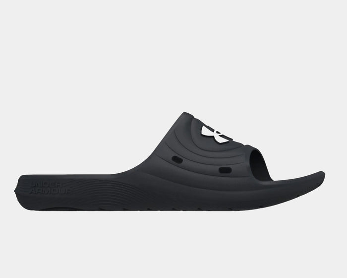 Under Armour Locker IV SL slide sandals in black with textured footbed and perforated design, side view.