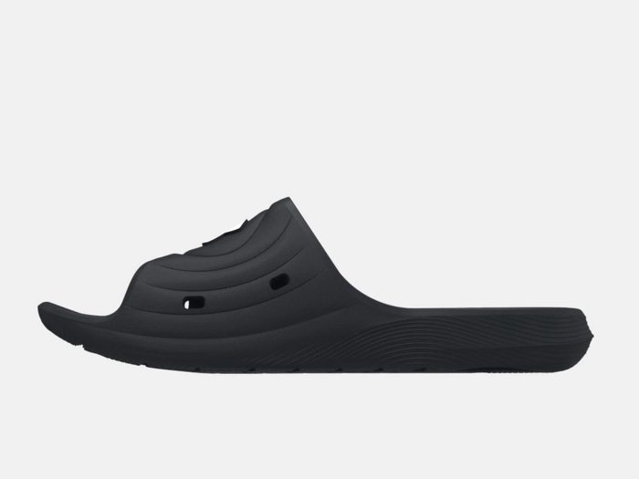 Under Armour Locker IV SL slide sandals in black with contoured footbed and lightweight design, side view.
