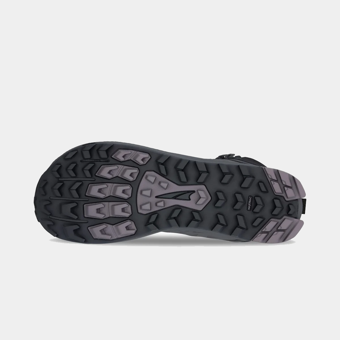 Altra Lone Peak 9 Waterproof Mid hiking shoes outsole showing multi-directional rubber traction lugs in black and gray.