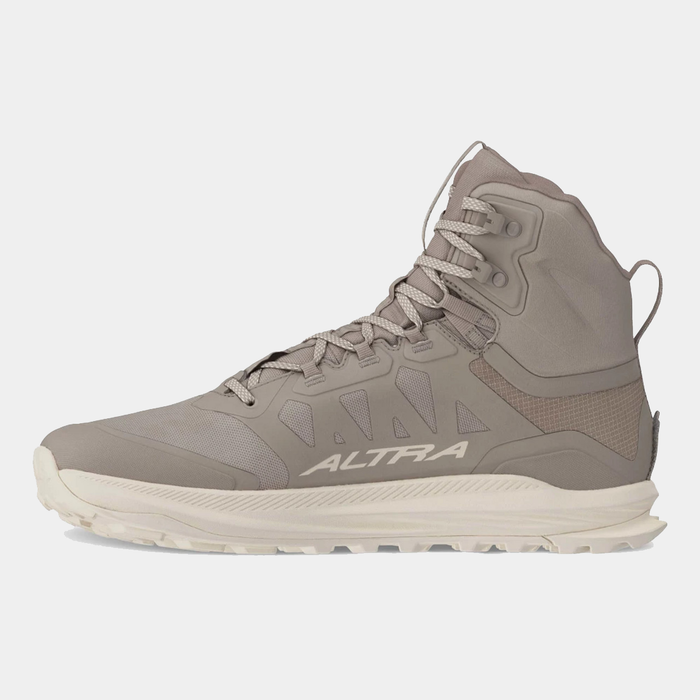 Altra Lone Peak 9 Waterproof Mid hiking boots in taupe with mesh panels, reinforced overlays, and rugged outsole, side view.