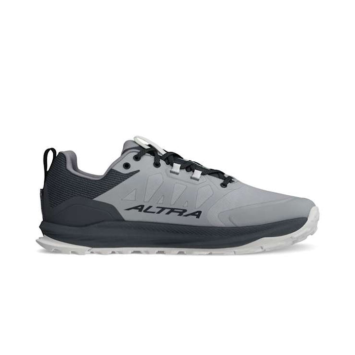 Altra Lone Peak 9 Waterproof trail running shoes in gray with black accents, durable upper, and grippy outsole, side view.