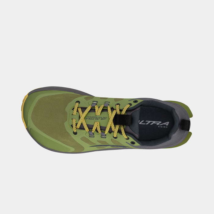 Altra Lone Peak 9 Waterproof hiking shoes top view in green and gray with yellow laces and mesh upper for durability.