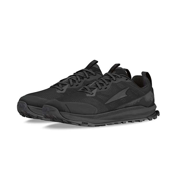Altra Lone Peak 9 trail running shoes in all-black with durable mesh upper and rugged outsole, angled front-side view.