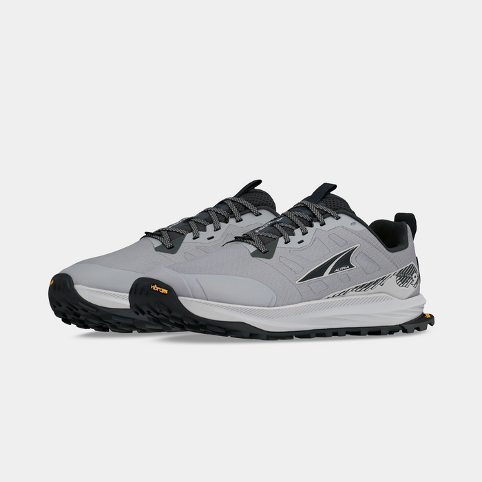 Altra Lone Peak 9+ trail running shoes in light gray with black accents, ripstop upper, and Vibram outsole, front angle view.
