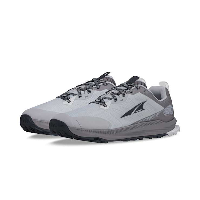 Altra Lone Peak 9 trail running shoes in gray and white with a mesh upper, durable outsole, and cushioned midsole, front-side view.