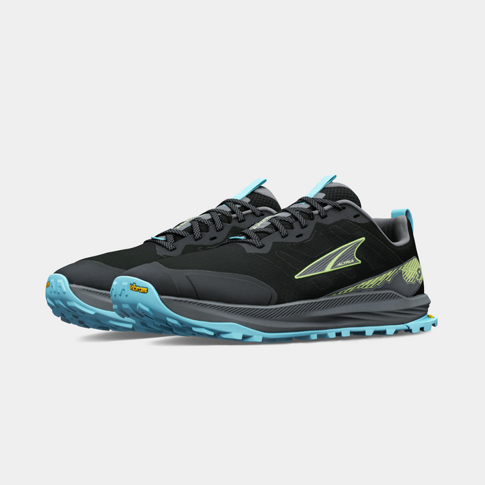 Altra Lone Peak 9+ trail running shoes in black with blue outsole and lime green accents, angled side view.