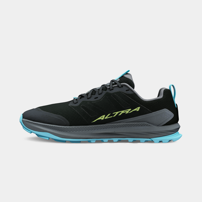 Altra Lone Peak 9+ trail running shoes in black with green logo and blue outsole, side view showing durable upper and rugged tread.