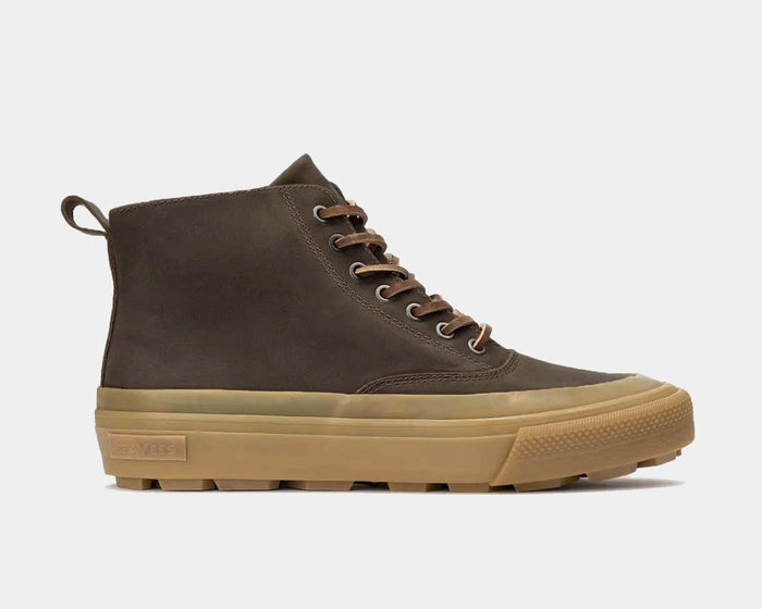 SeaVees Mammoth Boot in brown suede with tan rubber lug sole and lace-up closure, side view