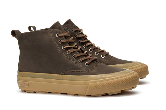 SeaVees Mammoth Boot in dark brown with suede upper, durable gum rubber sole, and lace-up design, side perspective.