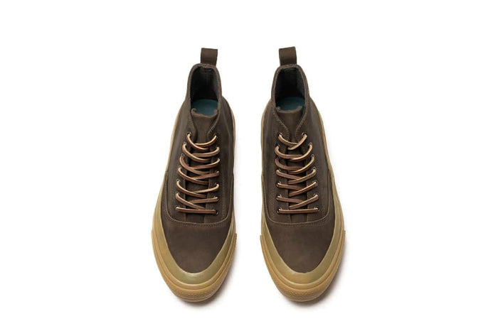 SeaVees Mammoth Boot in brown with tan sole and laces, featuring a durable leather upper and pull tabs, top view.