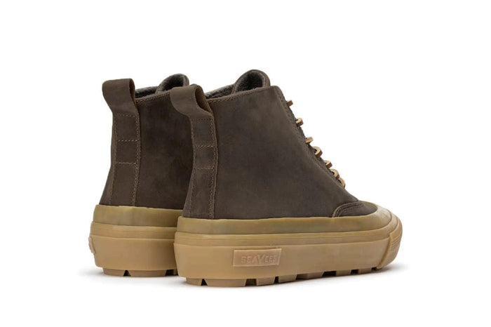 SeaVees Mammoth Boot in dark brown suede with rugged design and tan lug outsole, back angle view