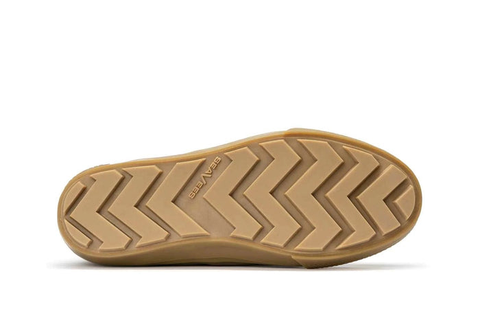 SeaVees Mammoth Boot outsole in tan rubber with chevron tread pattern, bottom view.