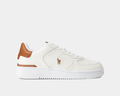 Polo Ralph Lauren Masters Court Leather sneakers in white textured leather with brown accents and embroidered logo, side view.