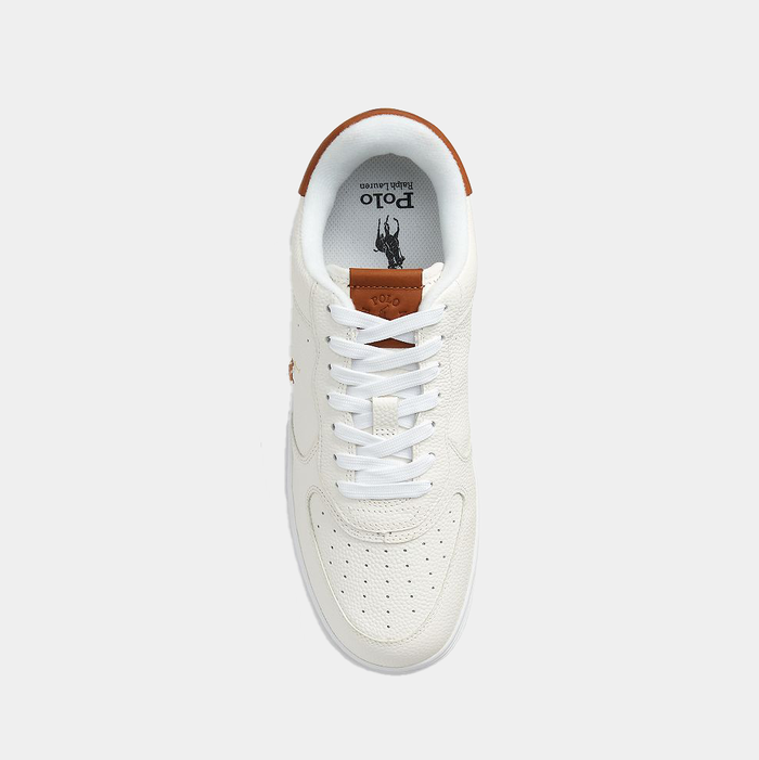 Polo Ralph Lauren Masters Court Leather sneakers in white with perforated leather upper and brown accent, top view showing lace-up design