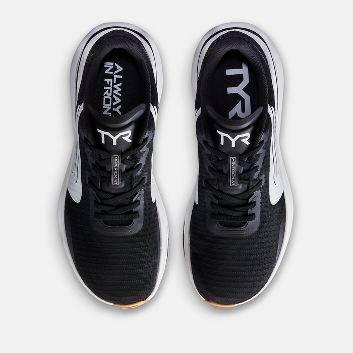 TYR Maverick V1 Runner running shoes in black with breathable mesh upper, lace-up closure, and branding detail, top view.