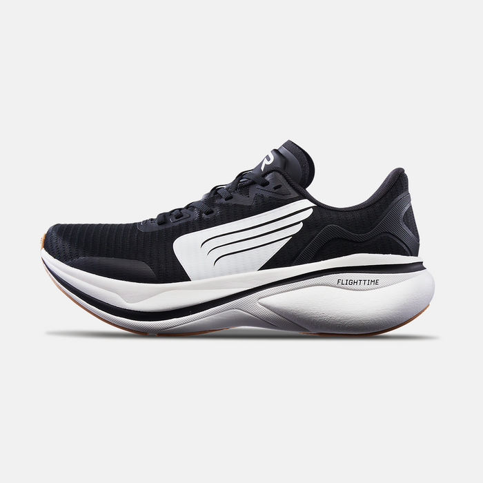 TYR Maverick V1 Runner running shoes in black with white accents, breathable mesh upper, and Flighttime cushioned midsole, side view.