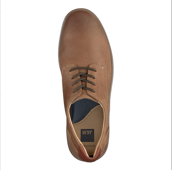 Johnston & Murphy McGuffey Plain Toe shoes in tan leather with lace-up closure and cushioned footbed, top view.