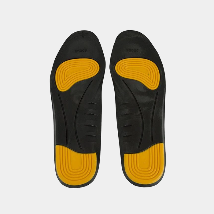 Hoss Memory Foam Insole in black with yellow cushioned heel and forefoot support, bottom view.