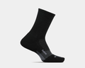 Feetures Merino 10 Ultra Light Cushion Mini Crew socks in black with targeted compression and seamless toe, side view.