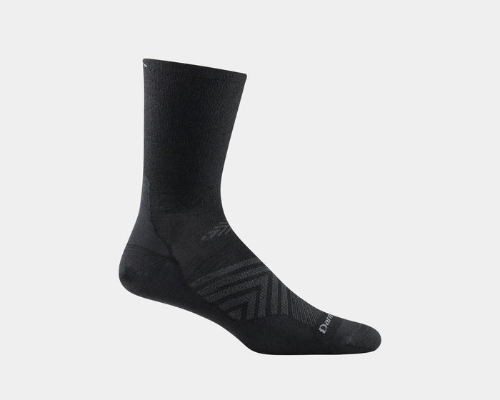 Darn Tough Micro Crew Ultra-Lightweight Running Sock in black, featuring breathable knit fabric and seamless construction, side view.