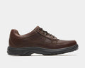 Dunham Midland Oxford shoes in dark brown leather with detailed stitching and lace-up design, side view.