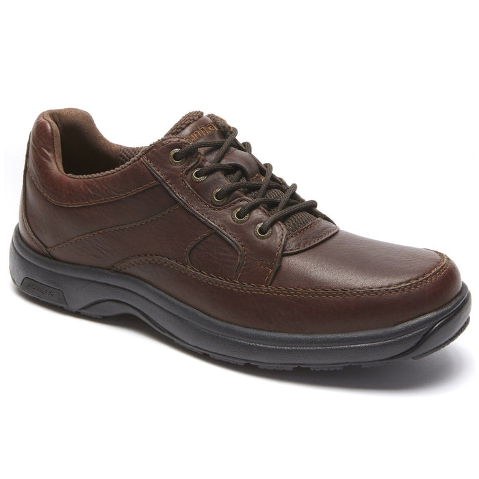 Dunham Midland Oxford shoes in brown leather with tonal stitching, padded collar, lace-up design, and black rubber outsole, side view.