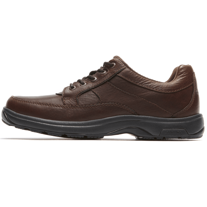 Dunham Midland Oxford shoes in brown leather with stitched detailing and black cushioned outsole, side view.