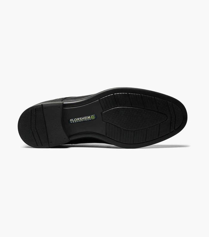 Florsheim Midtown Cap Oxford shoe outsole in black rubber with grip pattern and Comfortech technology detailing.