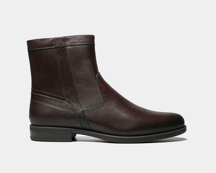 Florsheim Midtown PT Zipper Boot, dark brown leather ankle boot with side stitching details and low stacked heel, side view.