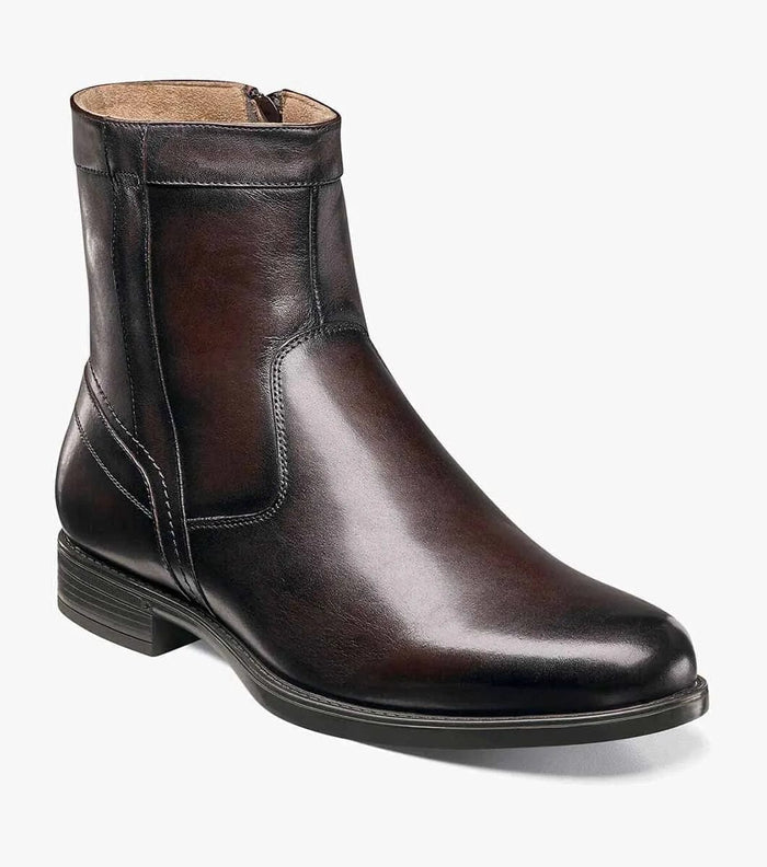 Florsheim Midtown PT Zipper Boot in dark brown leather with polished finish and side zipper, front side angle.