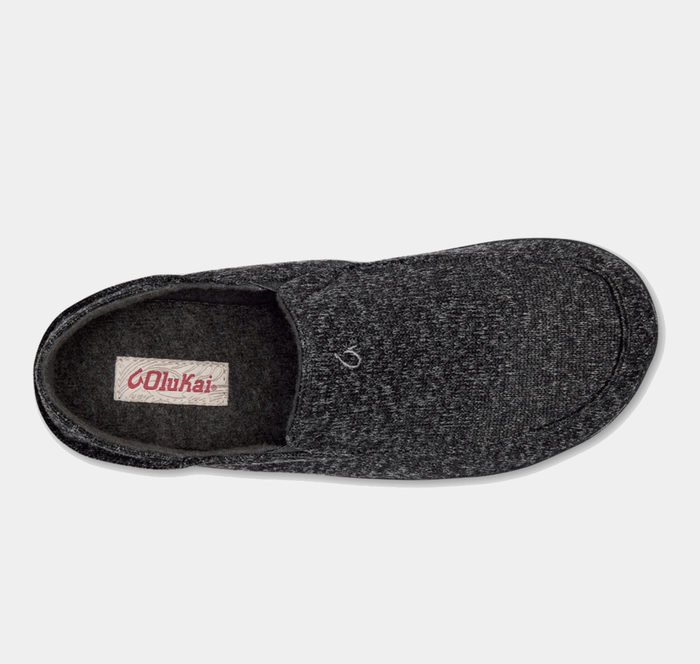 OluKai Moloa Hulu slippers in dark gray wool with embroidered logo and soft fleece lining, top view showing slip-on design.