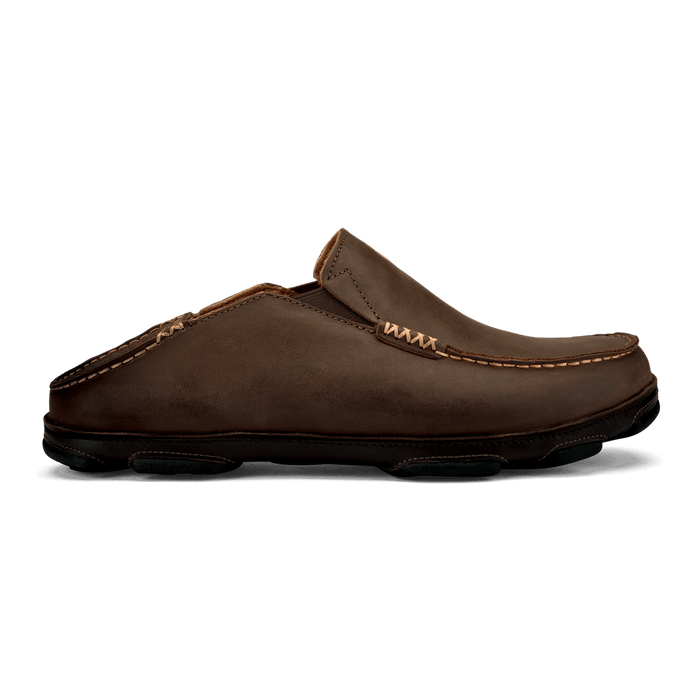 OluKai Moloa slip-on shoes in dark brown leather with hand-sewn stitching and collapsible heel, side view.