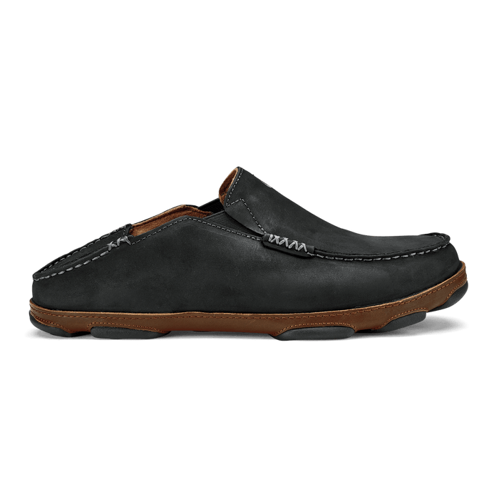 OluKai Moloa casual shoes in dark leather with hand-sewn stitching detail and a collapsible heel, side view.