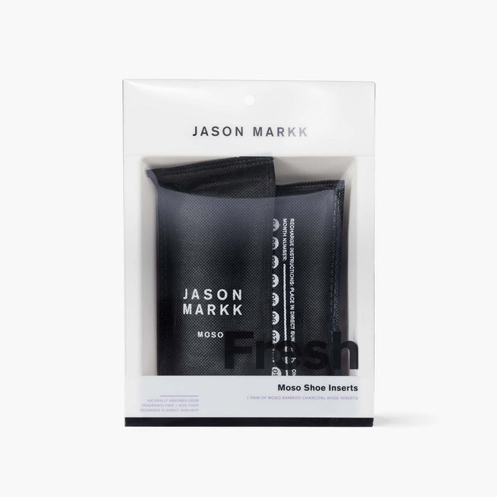 Jason Markk Moso Freshener Shoe Inserts with bamboo charcoal odor-absorbing technology, packaged in white and transparent retail box.
