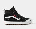 Vans MTE Sk8-Hi Waterproof Insulated Shoe, black with white accents, suede upper, and rugged gum outsole, side view.