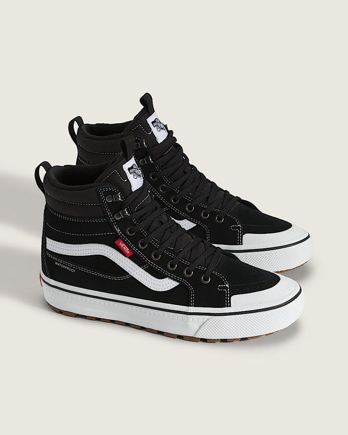 Vans MTE Sk8-Hi Waterproof Insulated Shoes in black with white accents, featuring high-top design, rugged sole, and lace-up closure, angled front view.