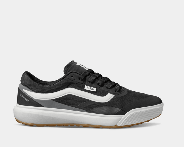 Vans MTE Ultrarange 2.0 sneakers in black and gray with mesh upper, white midsole, and gum outsole, side view.