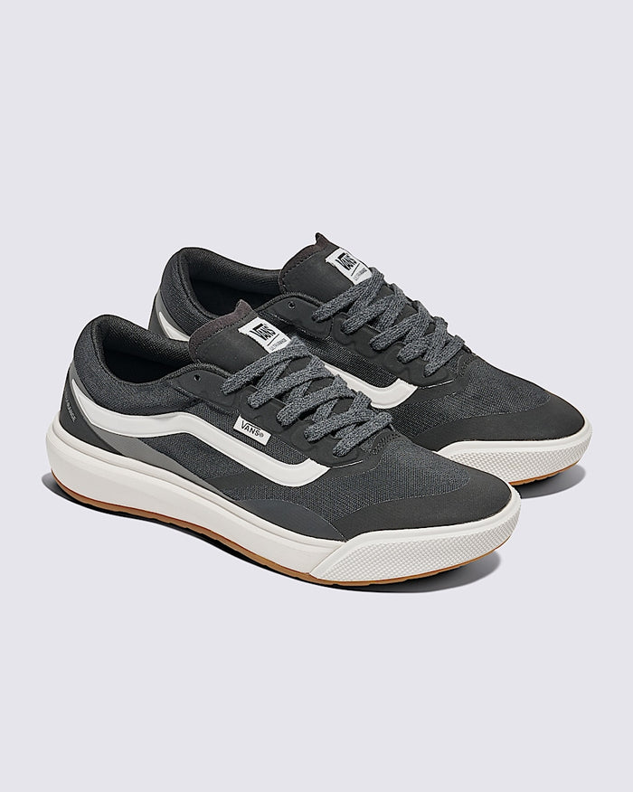 Vans MTE Ultrarange 2.0 shoes in dark gray with white accents, mesh upper, and gum outsole, angled side view.