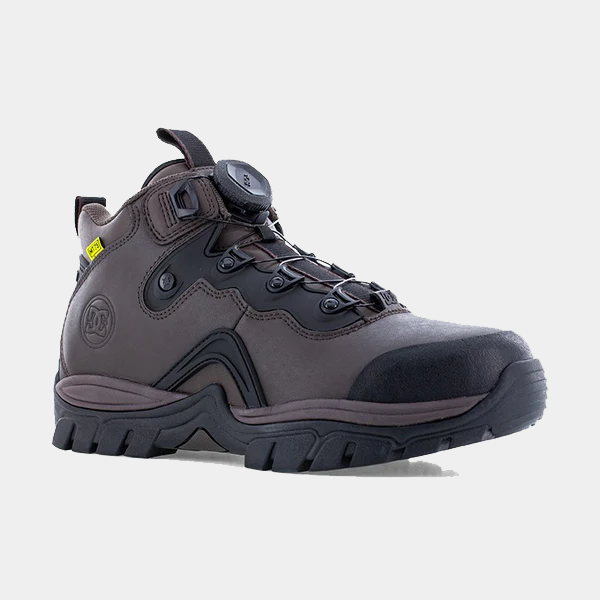 DC WorkCrew Navigator Work Hi Top Comp Toe with Met Guard work boots in dark brown leather featuring a composite toe, metatarsal guard, and lace-free BOA closure system, side angle view.