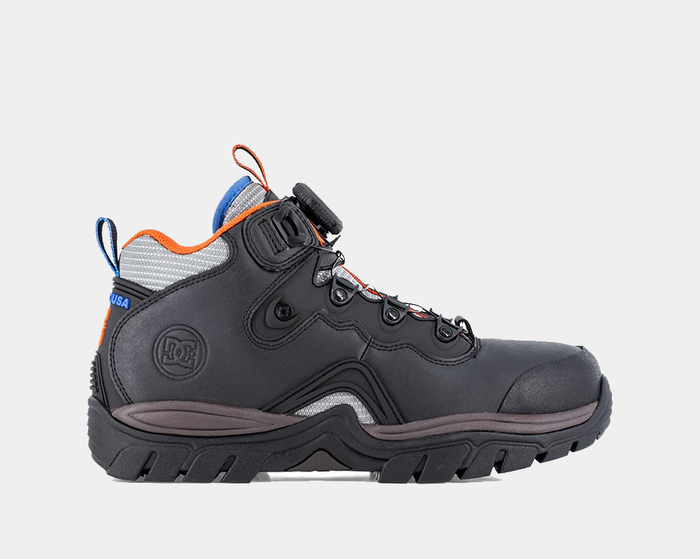 DC WorkCrew Navigator Work Hi Top Comp Toe work boots in black with orange and blue accents, side view showing rugged sole and safety toe.