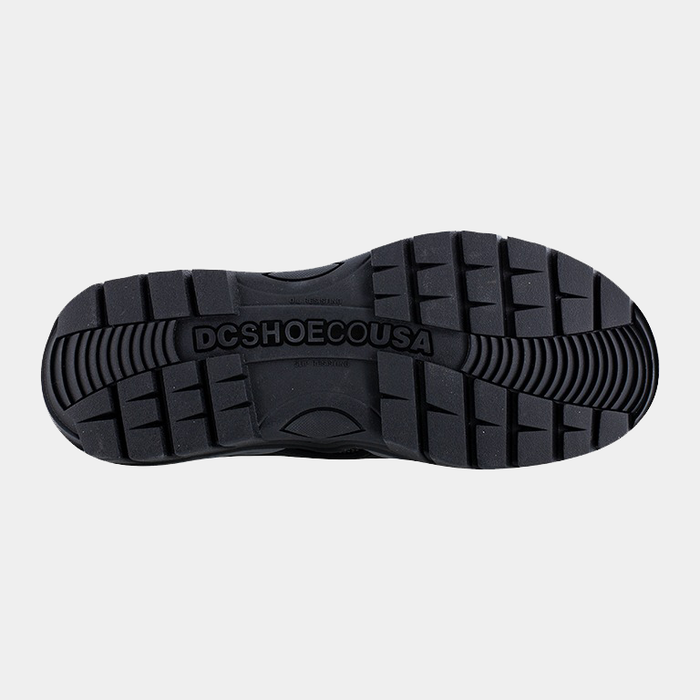 DC WorkCrew Navigator Work boots outsole with slip-resistant tread pattern and "DCSHOECOUSA" branding in black rubber, bottom view