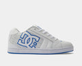 DC Footwear Net skate shoes in white with blue logo detailing, padded leather upper, and low-cut design, side view.
