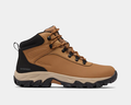 Columbia Newton Explorer hiking boots in tan and black with waterproof leather upper and rugged outsole, side view.