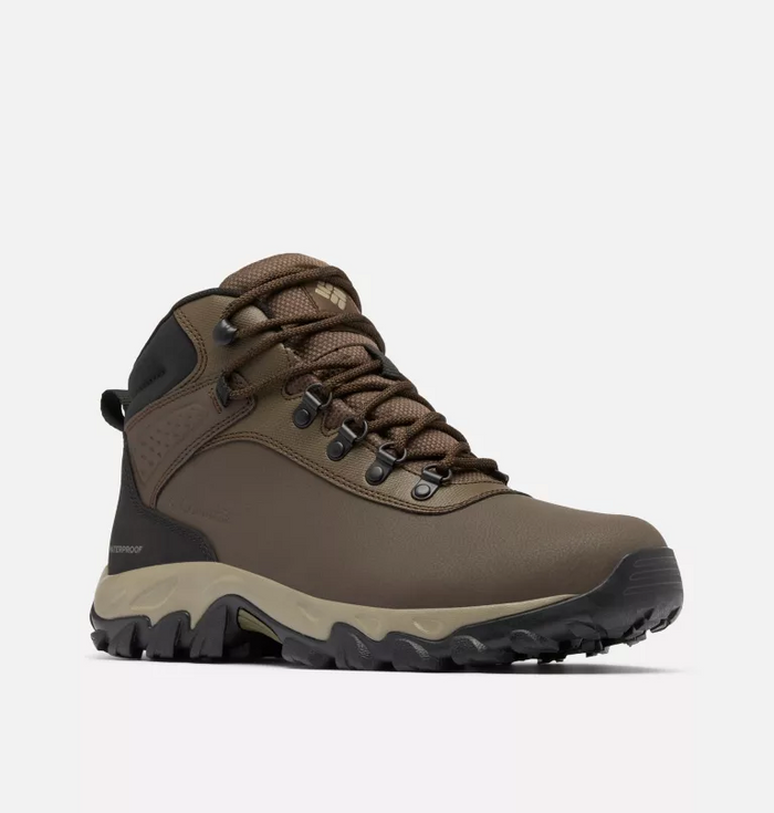 Columbia Newton Explorer hiking boots in brown with waterproof leather upper, durable metal eyelets, and grippy outsole, side view.